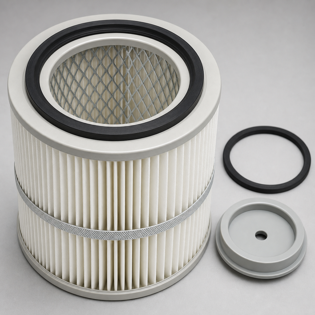 Dust collector cartridge filter pleats and support construction for filter media comparison
