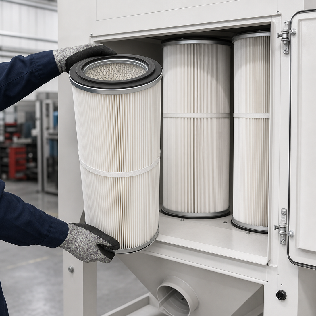 Technician replacing dust collector cartridge filters during industrial maintenance