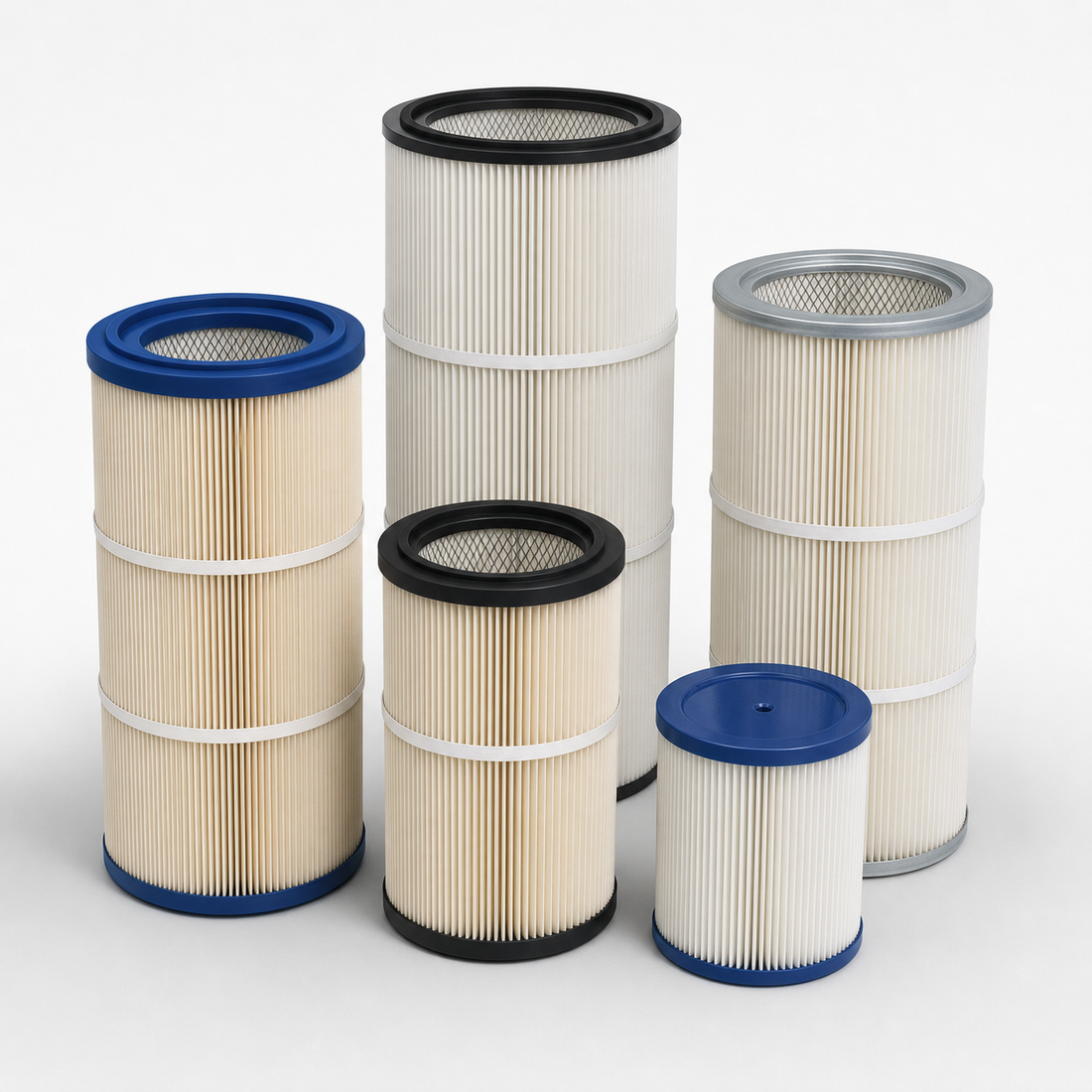 Replacement dust collector cartridge filters ready for measurement and cross-reference