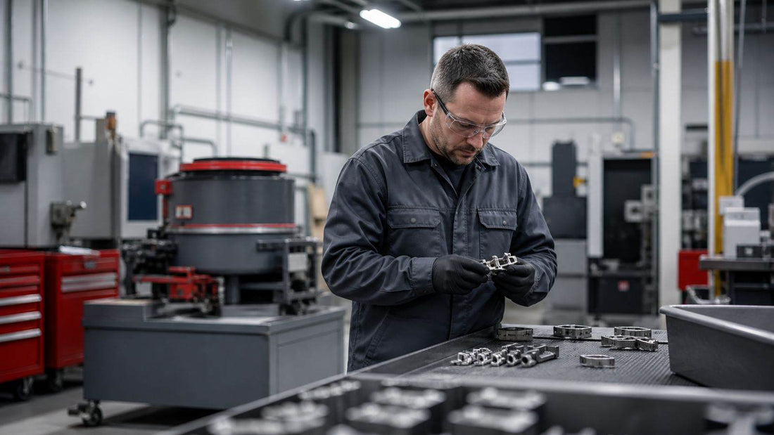 Technician inspecting deburred metal parts in a mass-finishing shop — representative illustration