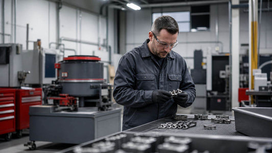 Technician inspecting deburred metal parts in a mass-finishing shop — representative illustration