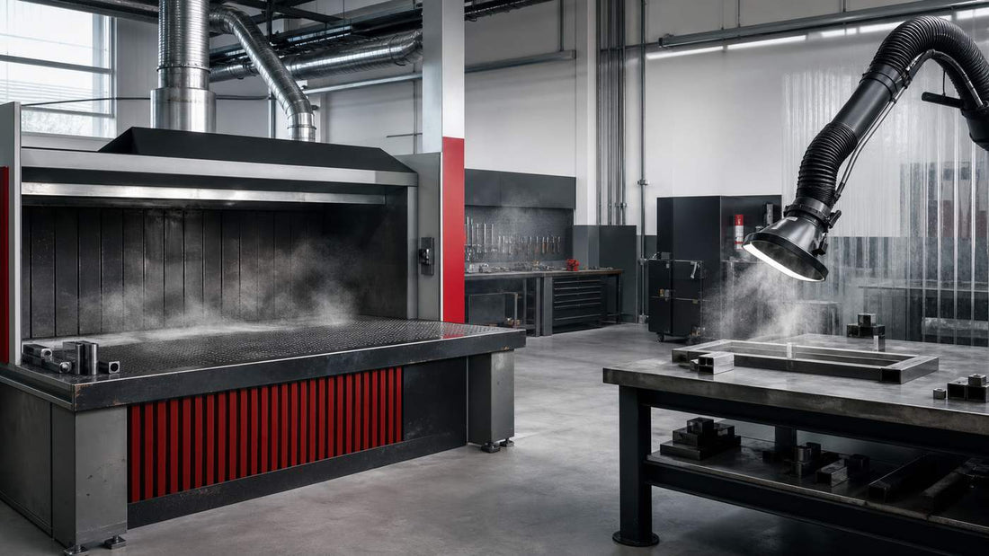 Downdraft table and movable fume capture hood in a fabrication shop — representative illustration