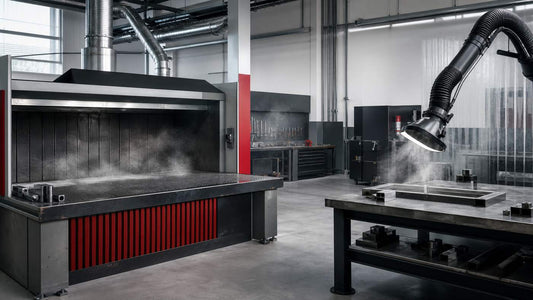 Downdraft table and movable fume capture hood in a fabrication shop — representative illustration