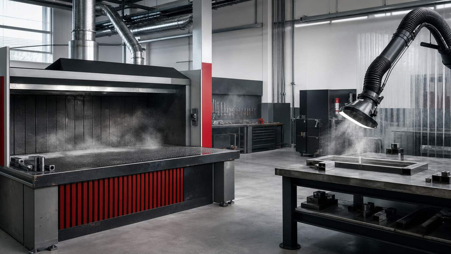 Downdraft table and movable fume capture hood in a fabrication shop — representative illustration