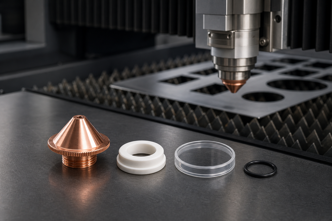 Fiber laser nozzle, ceramic ring, protective window and O-ring ready for maintenance