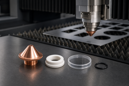 Fiber laser nozzle, ceramic ring, protective window and O-ring ready for maintenance