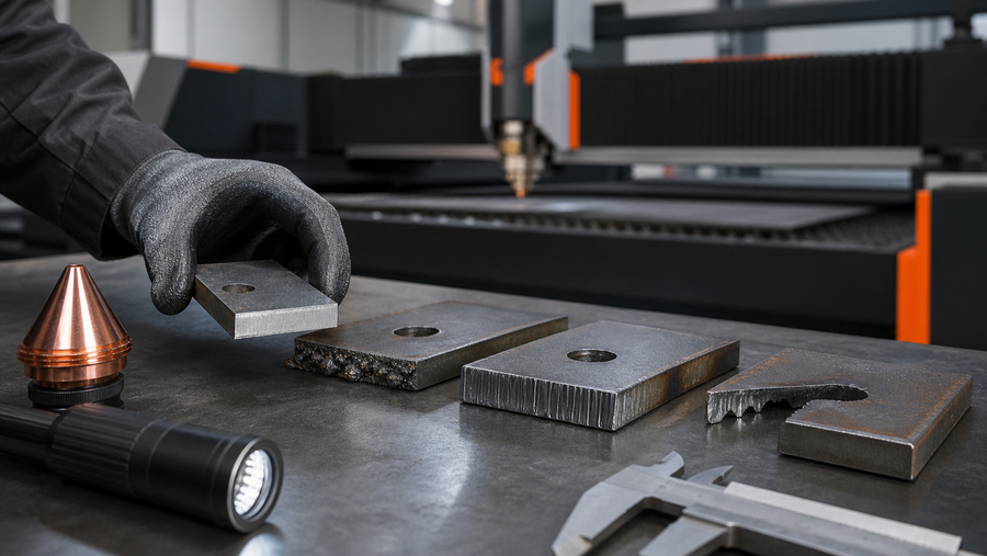 Technician comparing clean and defective fiber laser cut edges