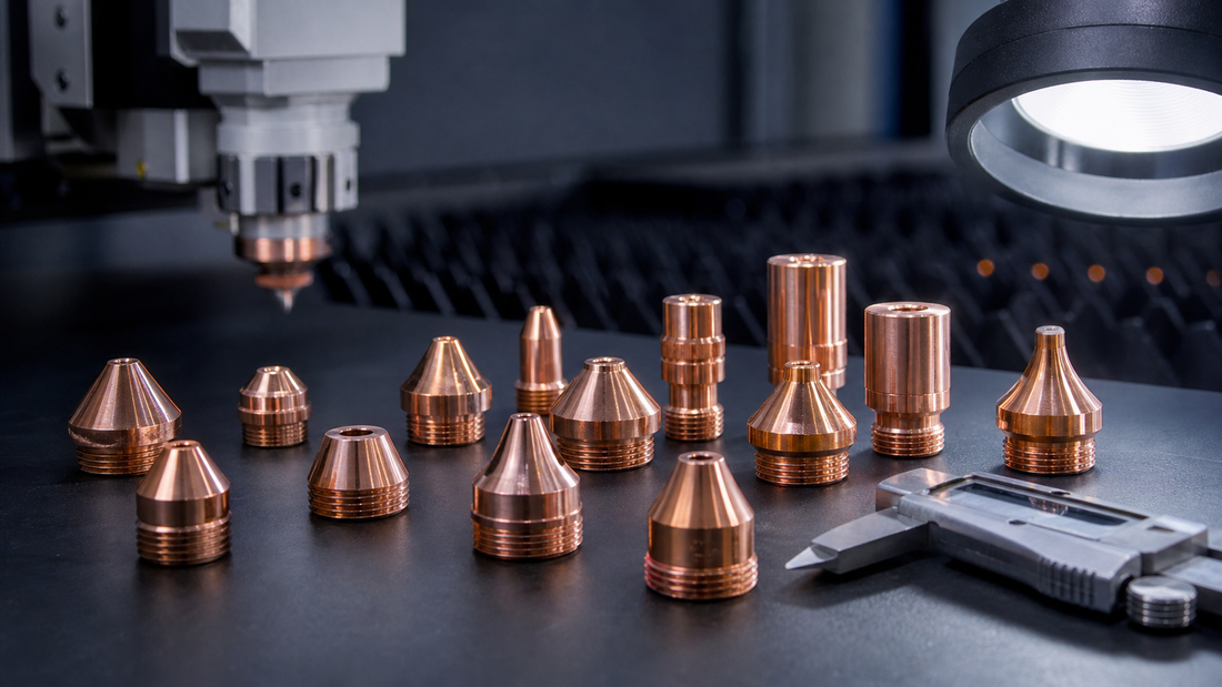 Precision fiber laser nozzles organized for size and fitment inspection