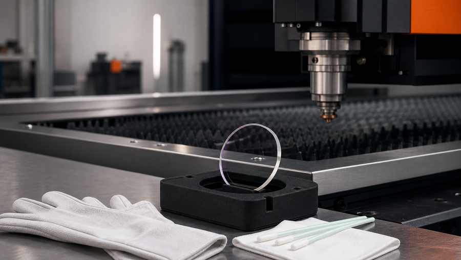 Fiber laser cutting head maintenance station with protective window and cleaning tools
