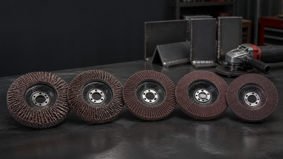 Five zirconia flap discs arranged from coarse to fine grit on a metalworking bench