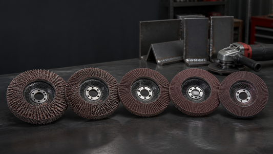 Five zirconia flap discs arranged from coarse to fine grit on a metalworking bench