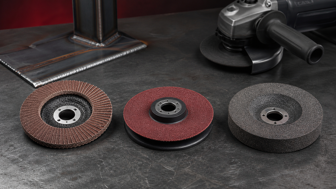 Flap disc, fibre disc with backing pad, and Type 27 grinding wheel compared on a fabrication bench