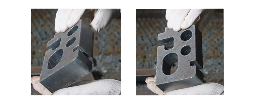 Thick laser-cut steel sample showing internal and external edge quality