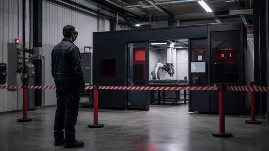 Controlled industrial laser work area with operator outside the guarded cell — representative illustration
