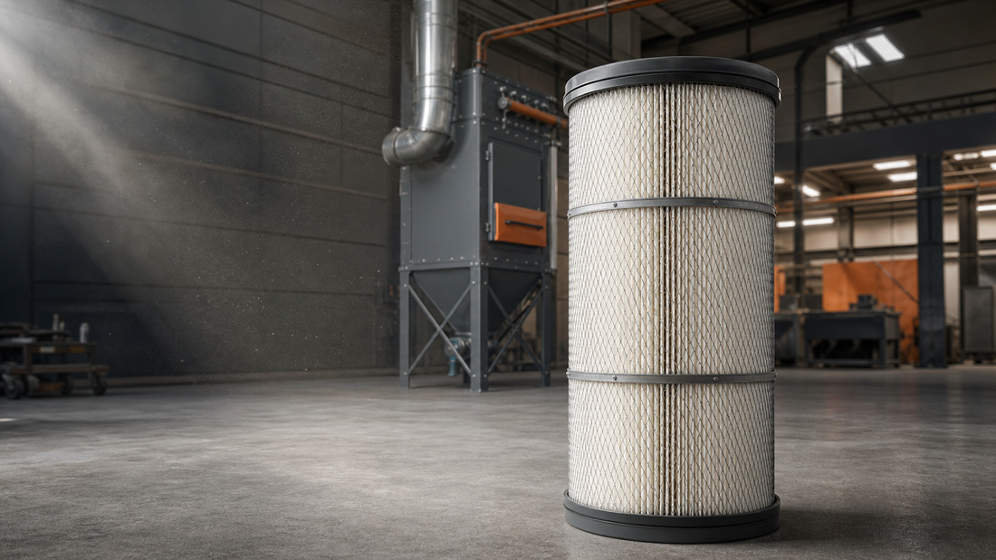 Industrial dust collector cartridge filter in a metal fabrication shop