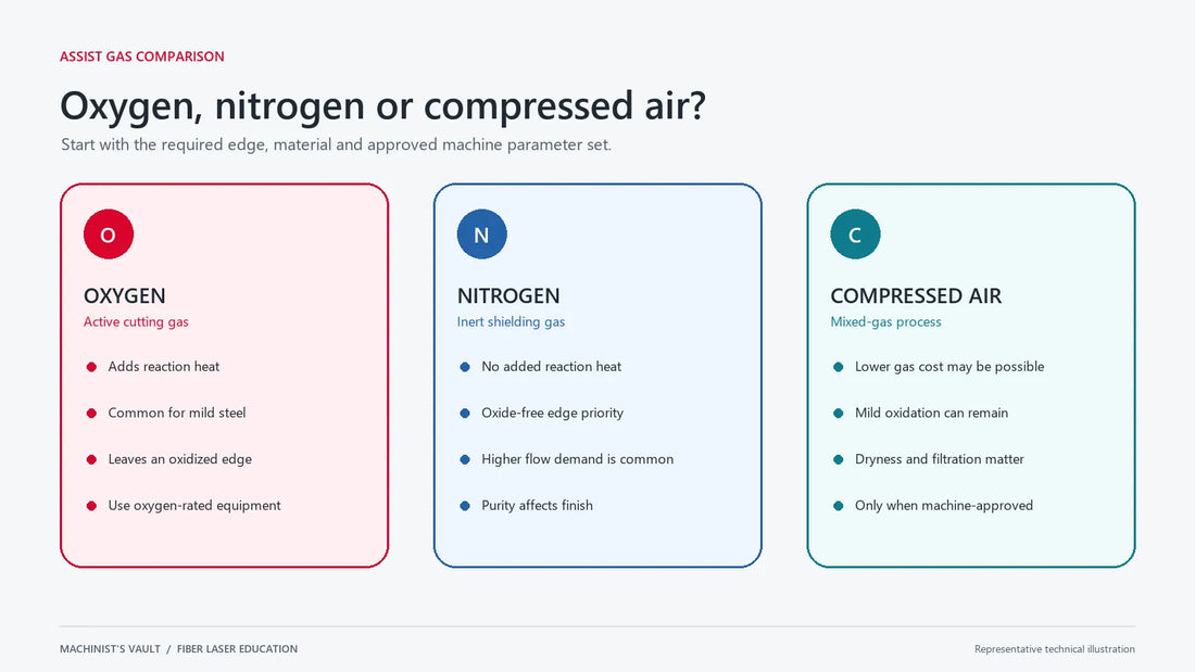Oxygen, nitrogen and compressed air comparison for fiber laser cutting — representative technical illustration