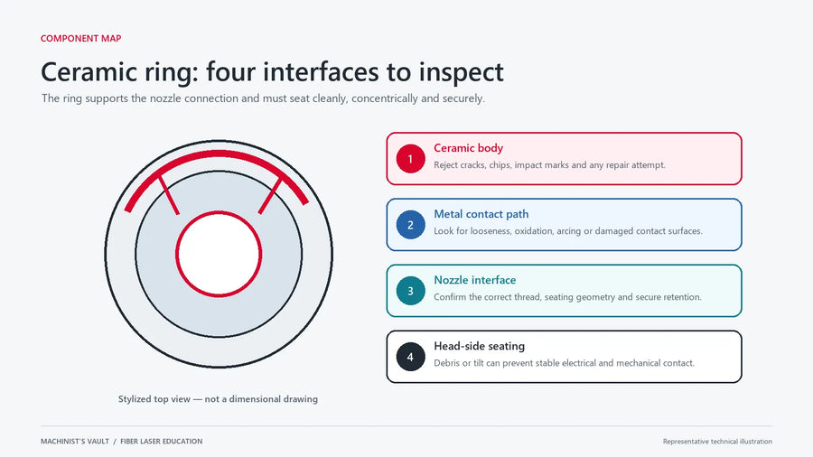 Fiber laser ceramic ring inspection zones — representative technical illustration