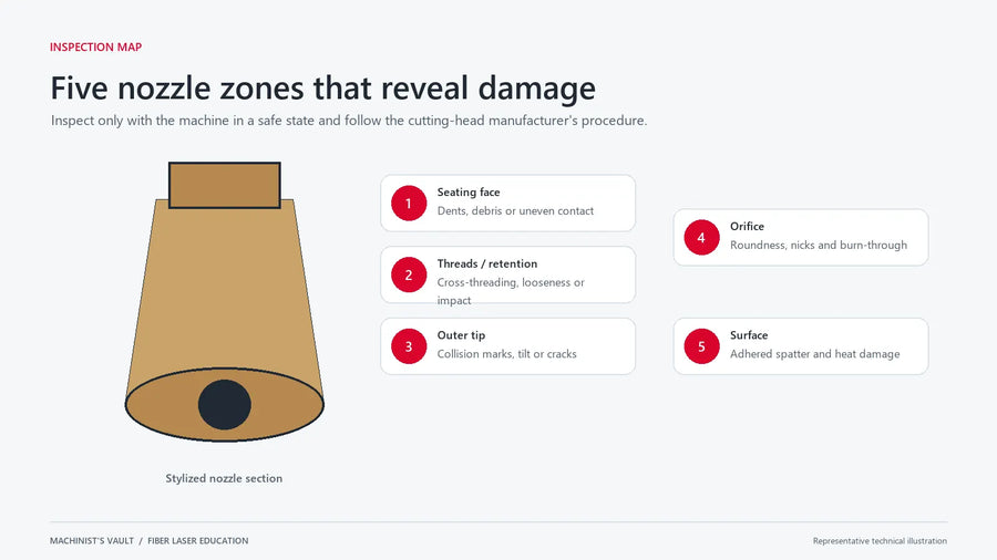 Five inspection zones on a fiber laser nozzle — representative technical illustration