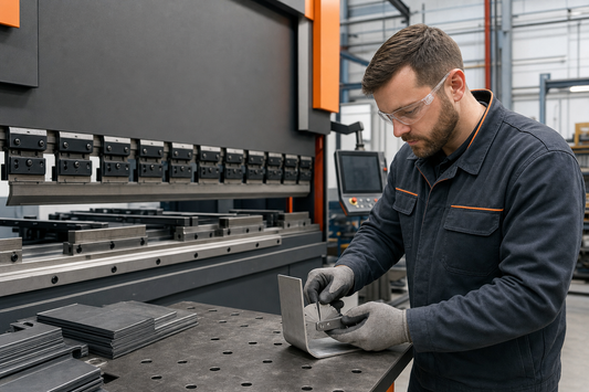 Technician measuring the inside bend radius of a press brake test coupon