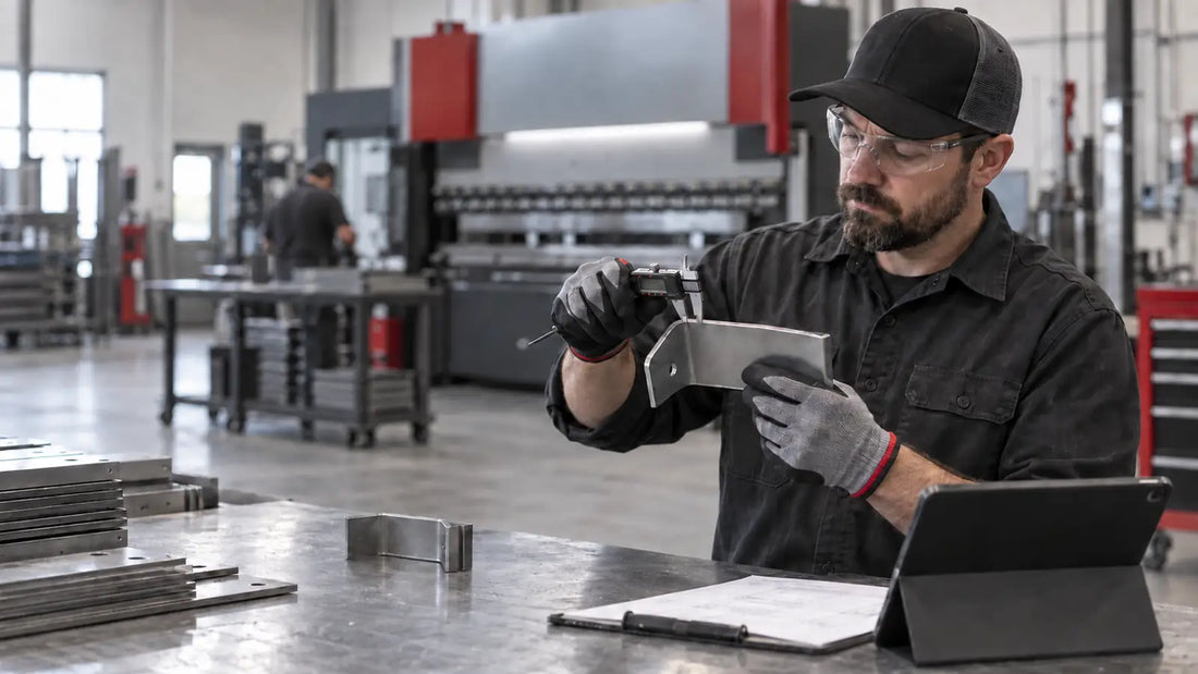 Fabricator measuring a formed sheet-metal part near a press brake — representative illustration