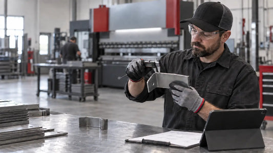 Fabricator measuring a formed sheet-metal part near a press brake — representative illustration