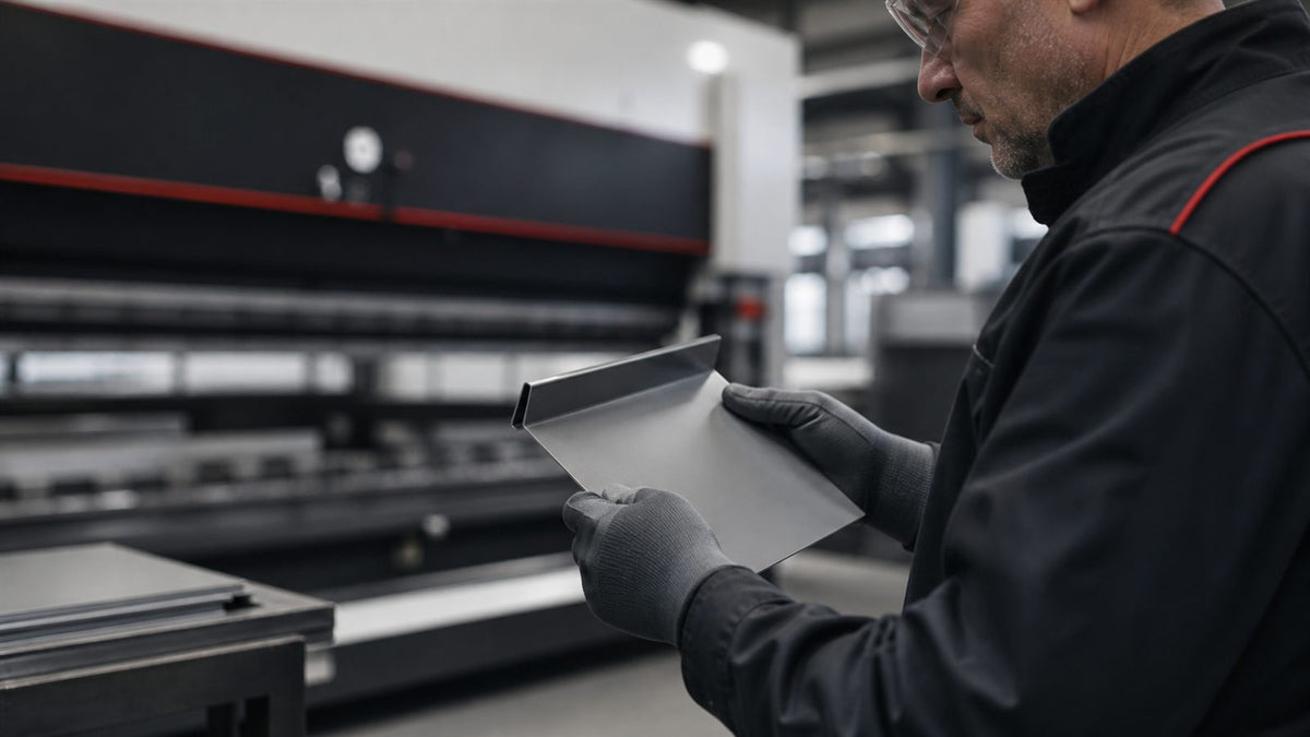Fabricator inspecting a folded sheet-metal sample near a press brake — representative illustration