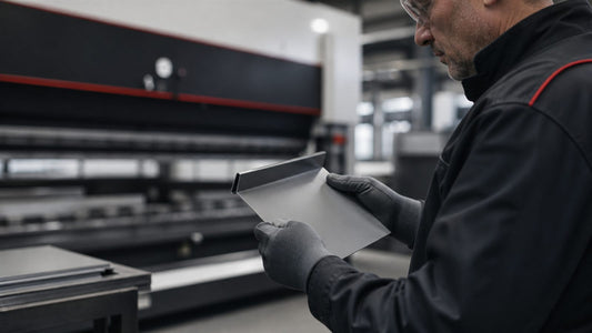 Fabricator inspecting a folded sheet-metal sample near a press brake — representative illustration