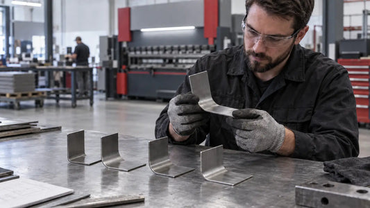 Fabricator comparing sheet-metal bends with different inside radii — representative illustration