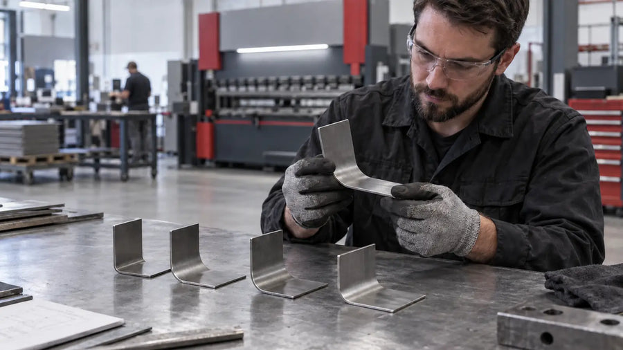Fabricator comparing sheet-metal bends with different inside radii — representative illustration