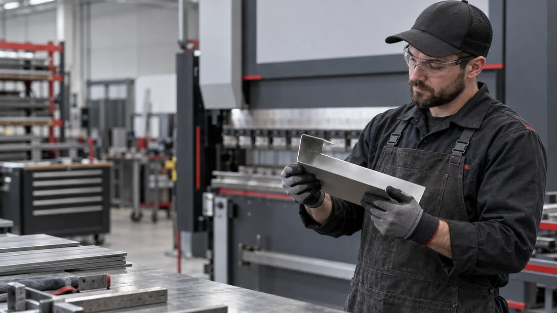 Fabricator reviewing a sheet-metal return flange near a press brake — representative illustration