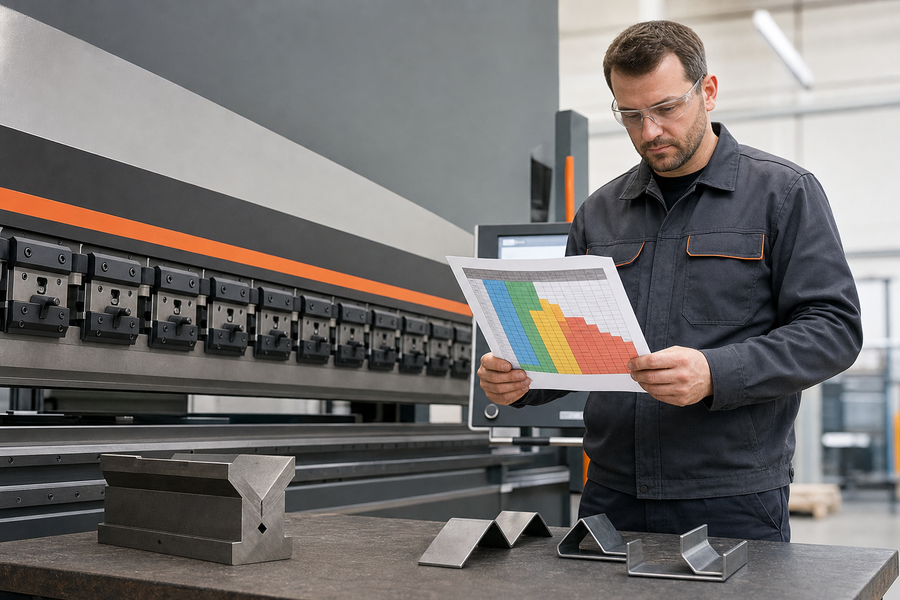 Technician reviewing a press brake tonnage chart beside a CNC press brake