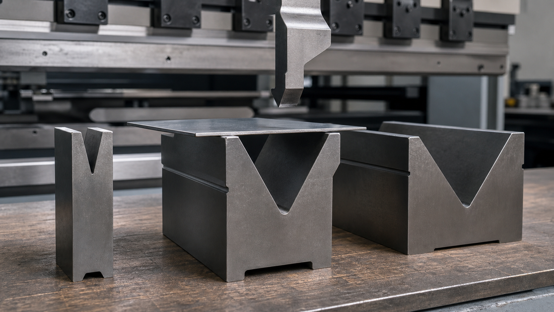 Narrow, medium and wide press brake V-die openings beside sheet metal