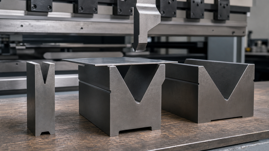Narrow, medium and wide press brake V-die openings beside sheet metal