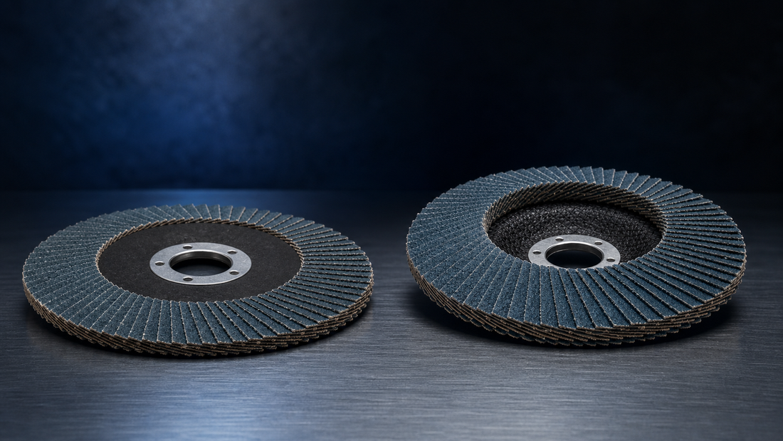 Type 27 flat and Type 29 conical zirconia flap discs compared side by side