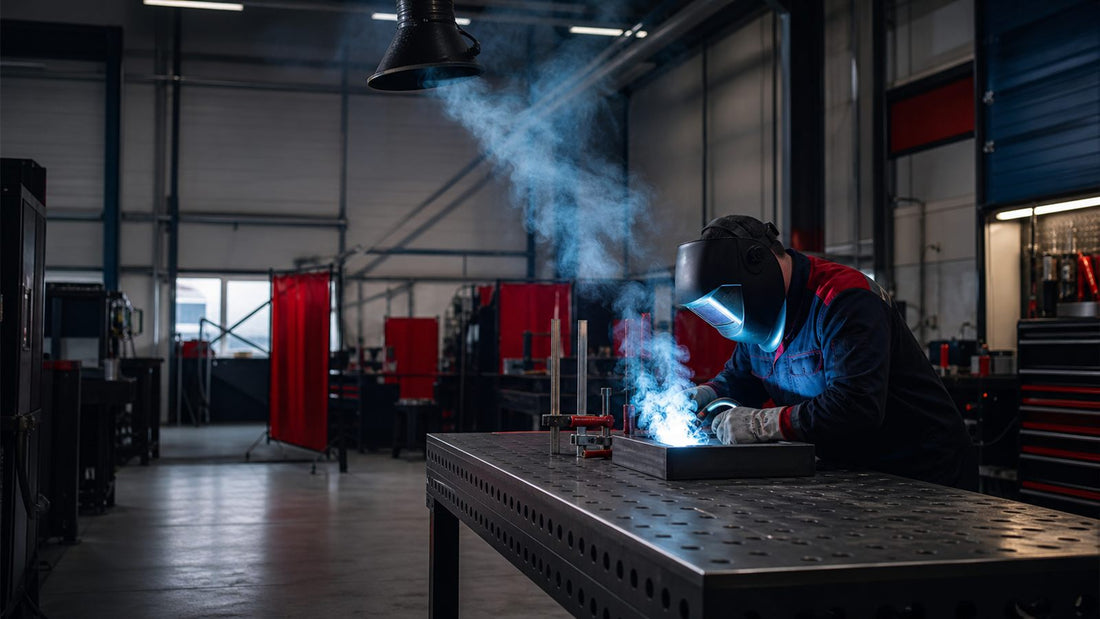 Welder working beneath a localized fume capture hood in an industrial shop — representative illustration