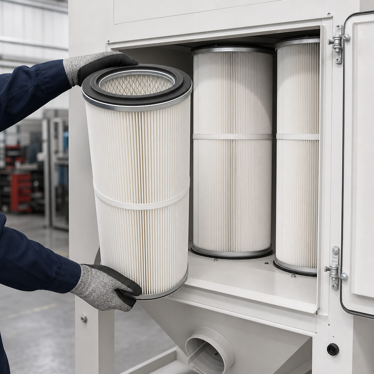 Installing replacement cartridge filters in an industrial dust collector