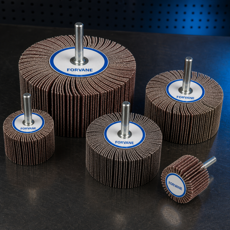 Forvane mounted aluminum oxide flap wheels for metal finishing