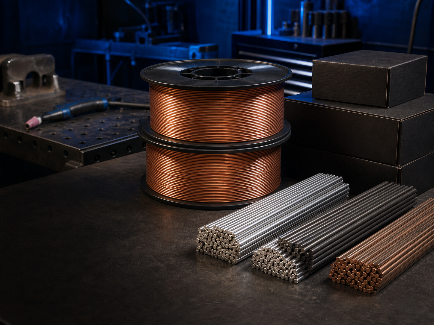 Unbranded metal-cored welding wire spools and filler rods